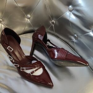 Patent Pointed-Toe D’Orsay Pumps in Burgundy